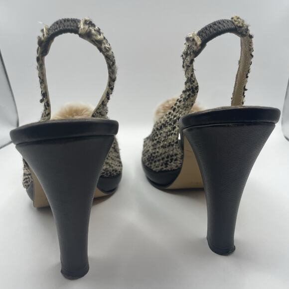 VIA CONDOTTI Size 6.5 Slingback High Heels Brown Tweed Fabric Upper Leather Sole - Picture 5 of 8